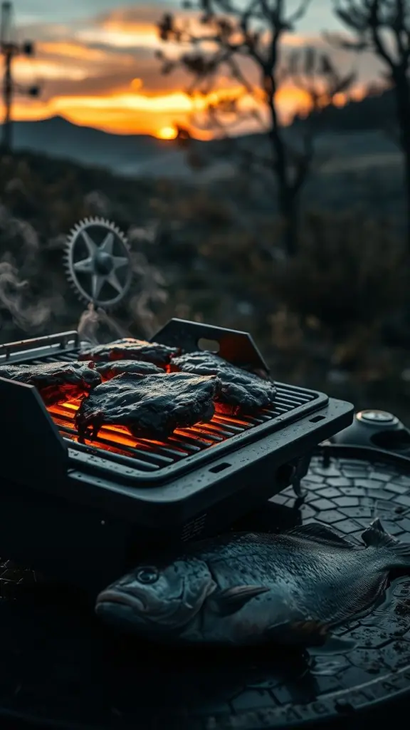 Monochrome steampunk grill with sizzling meat in Norwegian autumn, post-sunset.