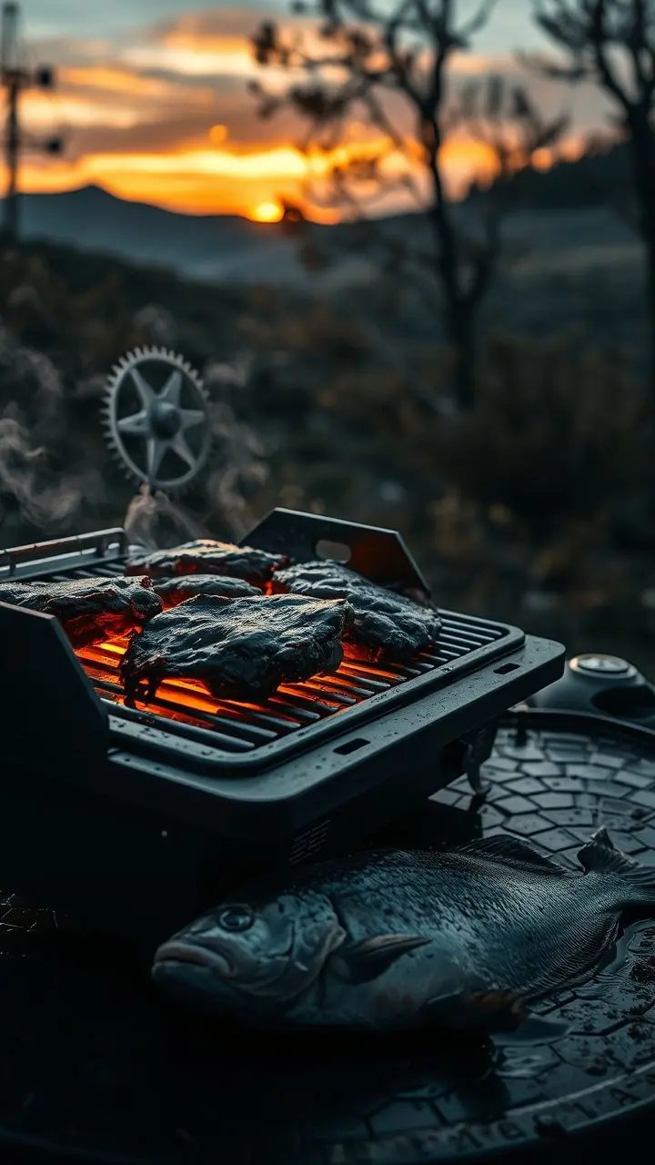 Monochrome steampunk grill with sizzling meat in Norwegian autumn, post-sunset.
