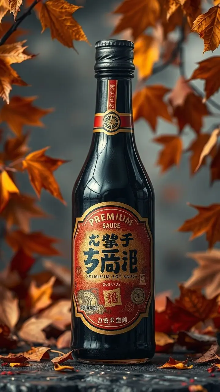Steampunk bottle of soy sauce with autumn leaves and gears.