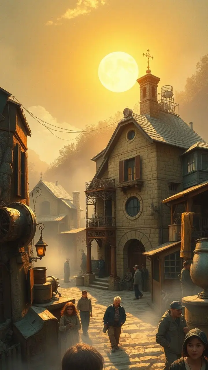 Steampunk stone house in a misty, sunlit village