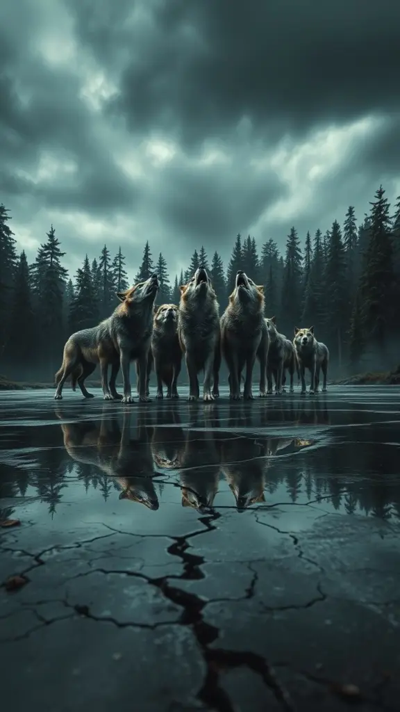 Wolves howling in a dark forest with steampunk reflections on icy ground.