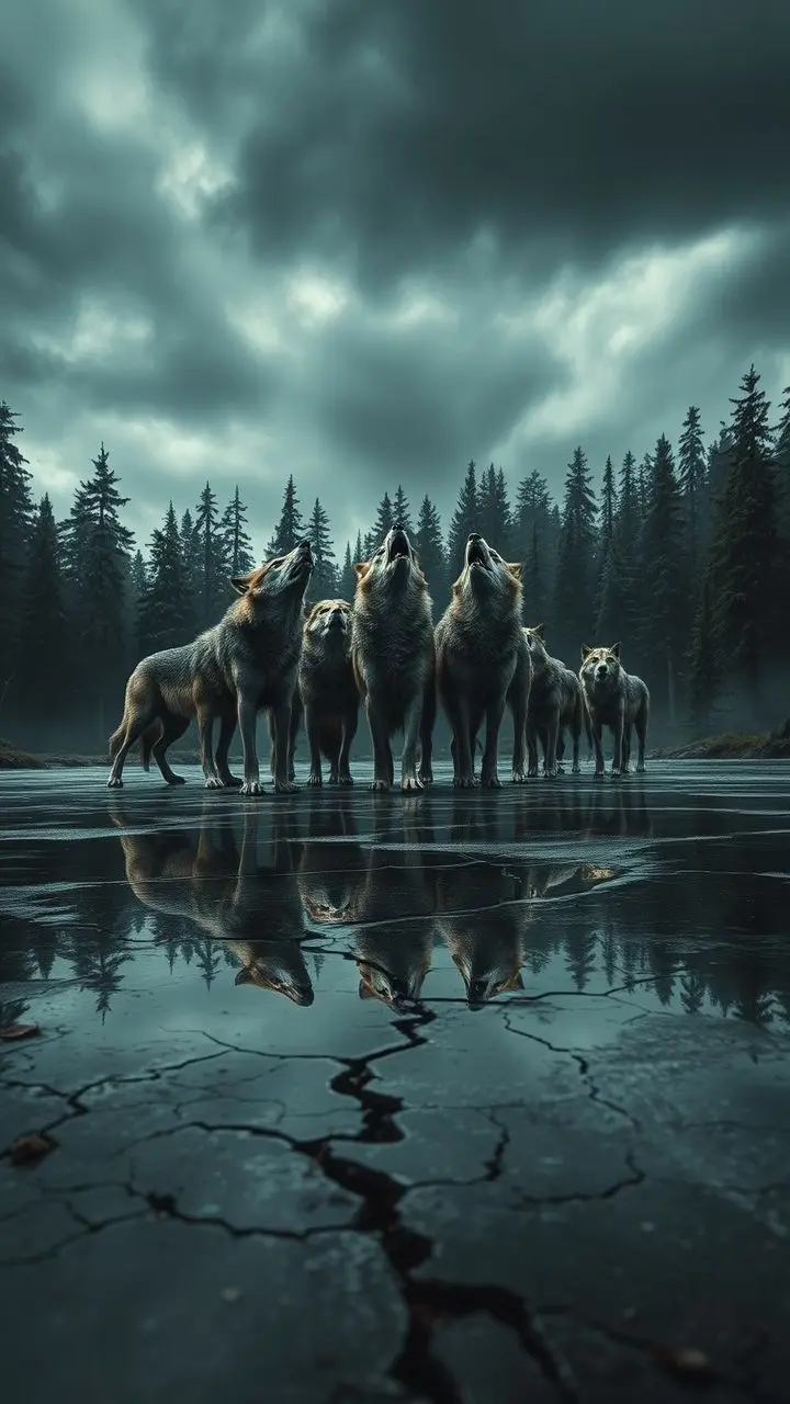 Wolves howling in a dark forest with steampunk reflections on icy ground.