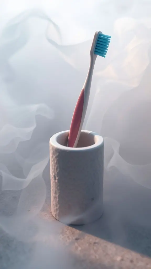 Hyper-realistic toothbrush holder with textured surface in misty, pastel environment.