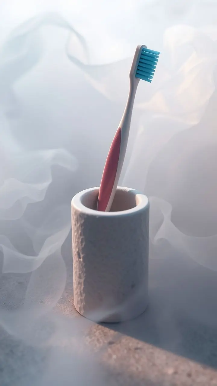 Hyper-realistic toothbrush holder with textured surface in misty, pastel environment.