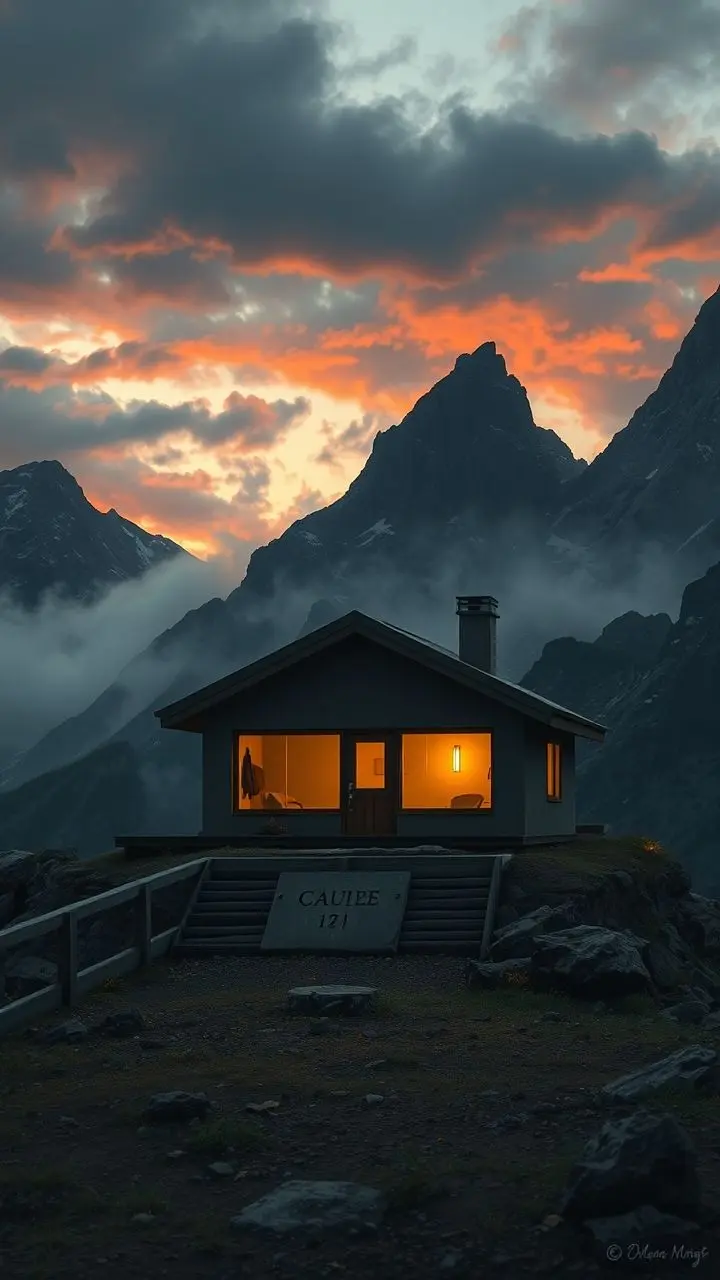 Brutalist mountain cabin with glowing dust at dusk.