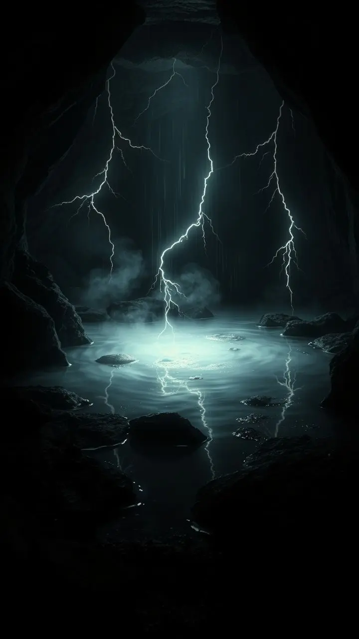 Storyboard panel of a grotto with a pool during a storm.