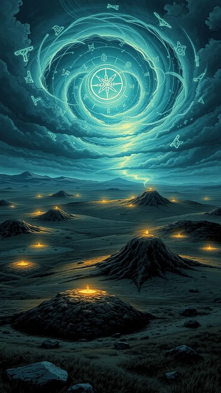 Ancient burial mounds under a storm of glowing symbols and protective shields.