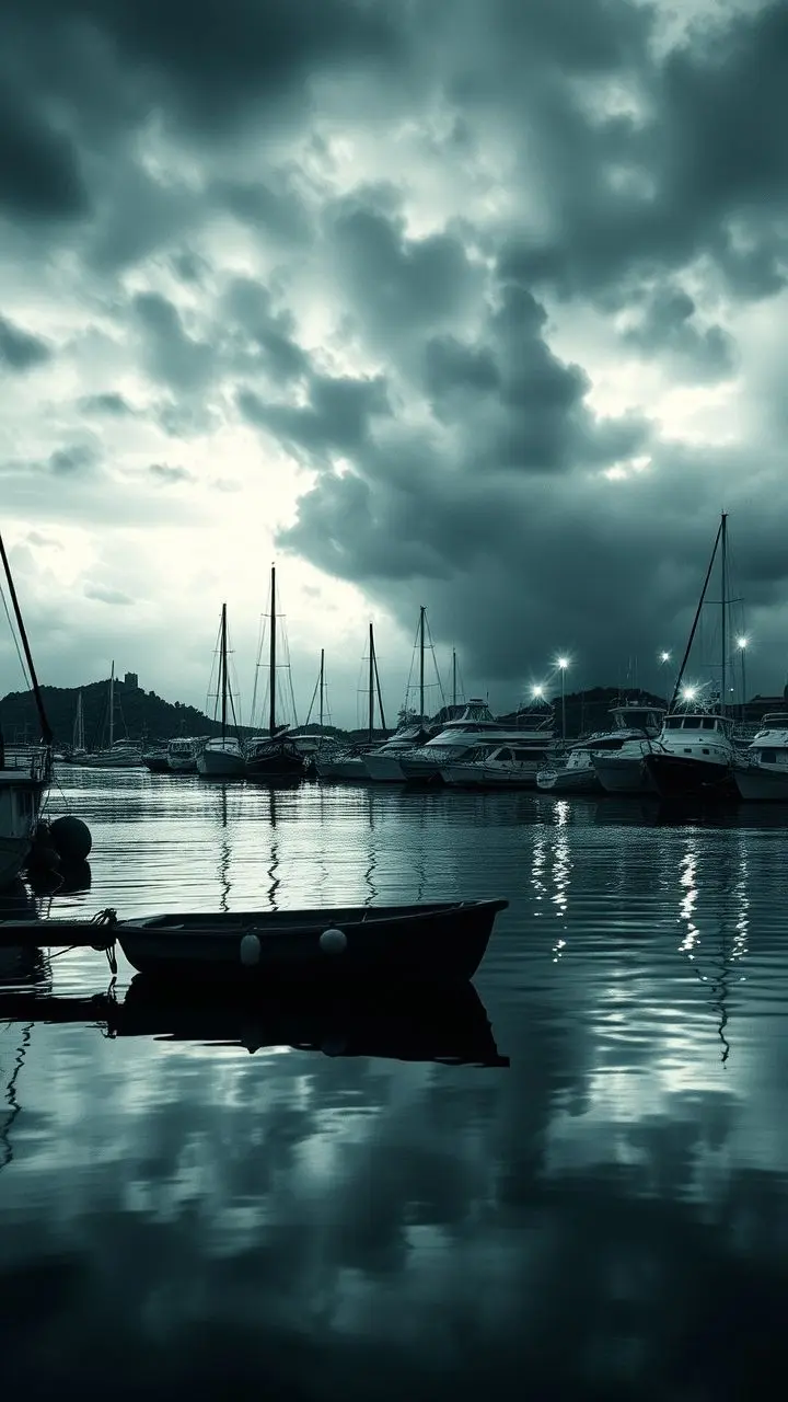 Serene harbor reflection during a storm, film noir style.