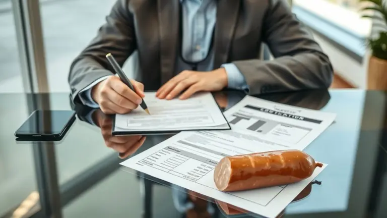 Purchasing manager signing a contract with a soy fiber data sheet and sausage product on desk.