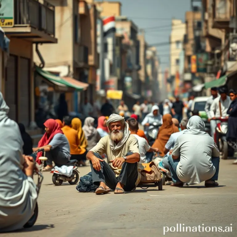 People sitting on a street in Iraq.