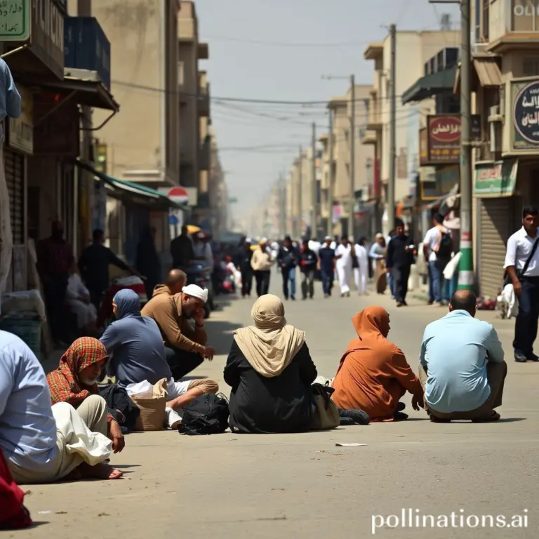 People sitting on a street in Iraq.