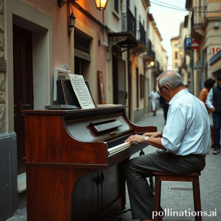 Street musician playing a piano outdoors.