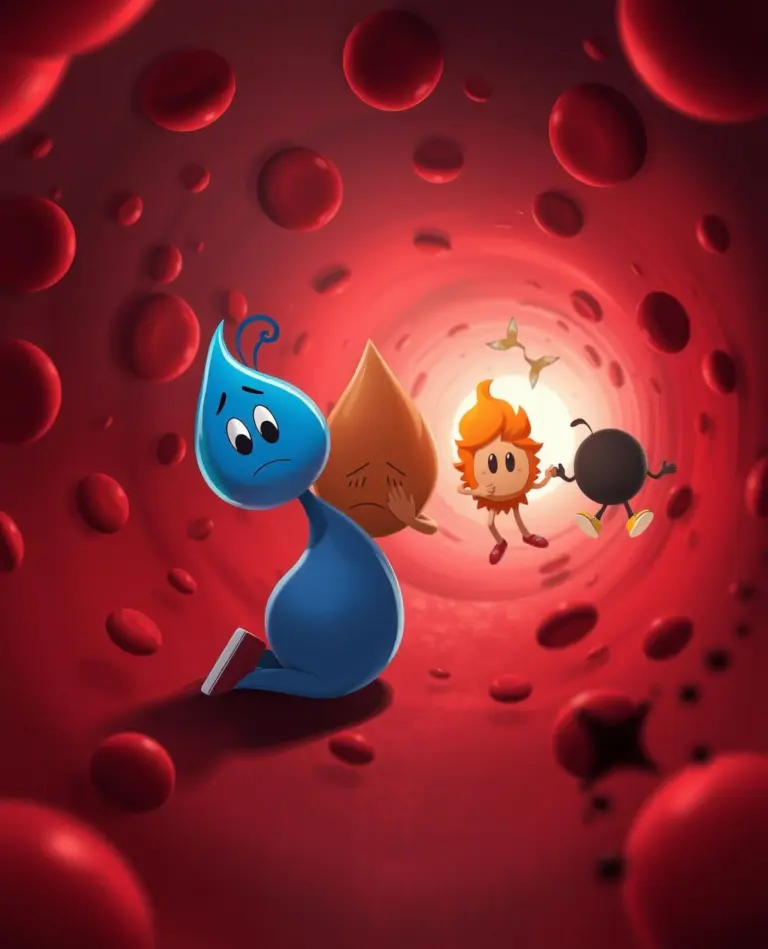 Cartoon characters Kappu, Pittu, and Vatu appear weak inside a red bloodstream.