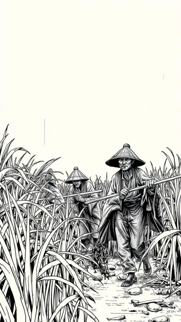 Workers harvesting rice in a humid, gritty comic book style.