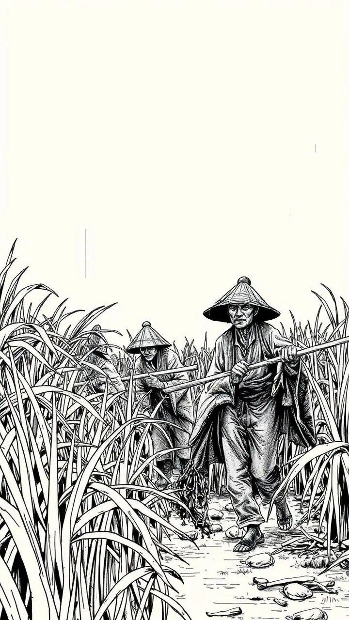 Workers harvesting rice in a humid, gritty comic book style.