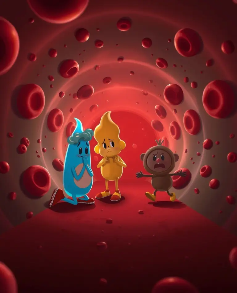 Cartoon characters Kappu, Pittu, and Vatu are weak in a red bloodstream tunnel.