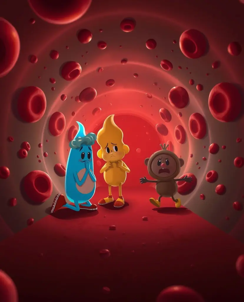 Cartoon characters Kappu, Pittu, and Vatu are weak in a red bloodstream tunnel.