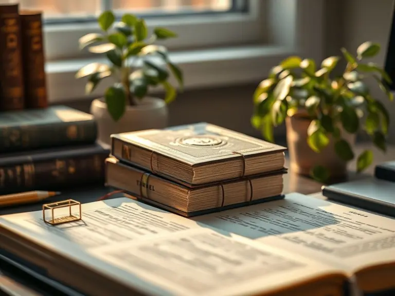 Overhead view of study books and a plant on a desk.