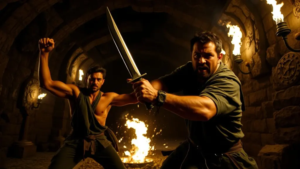Two men fighting in a dark, torch-lit chamber.