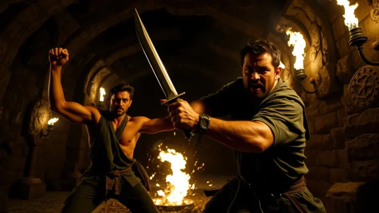 Two men fighting in a dark, torch-lit chamber.