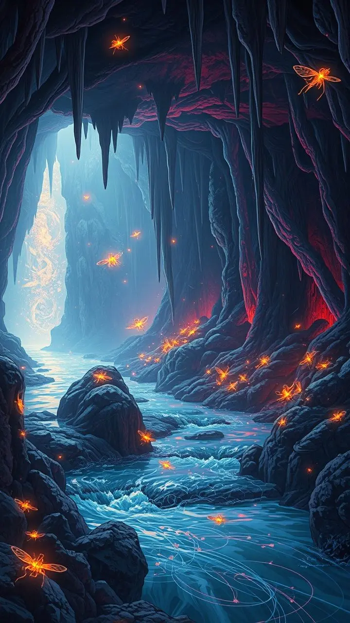 Underground river with glowing fireflies and crystalline details.