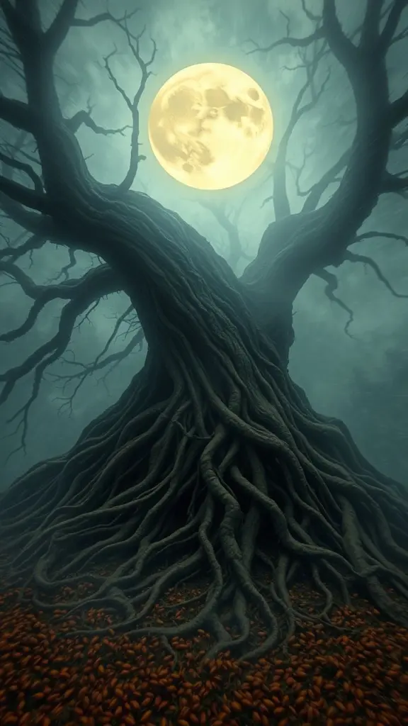 3D scan of layered roots under a misty Harvest Moon, impressionist style.