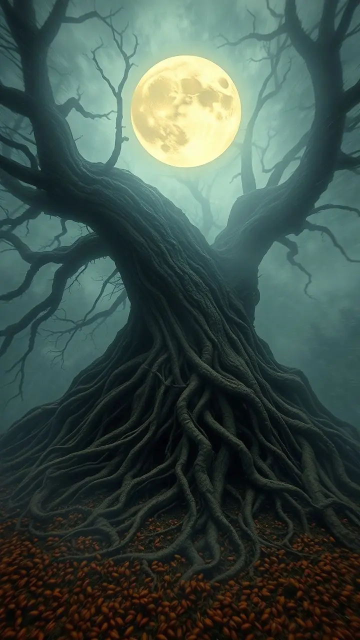 3D scan of layered roots under a misty Harvest Moon, impressionist style.