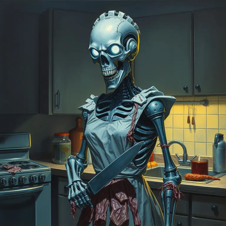 Skeletal robot housewife with glowing eyes holding a butcher knife in a kitchen.