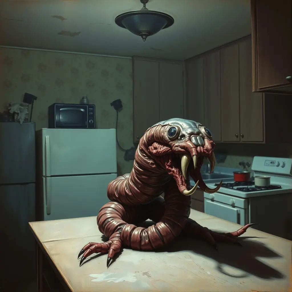 A futuristic worm creature with steel and flesh on a kitchen counter.