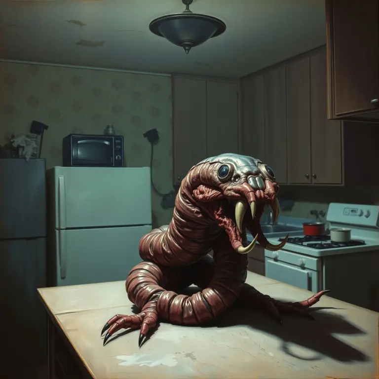 A futuristic worm creature with steel and flesh on a kitchen counter.