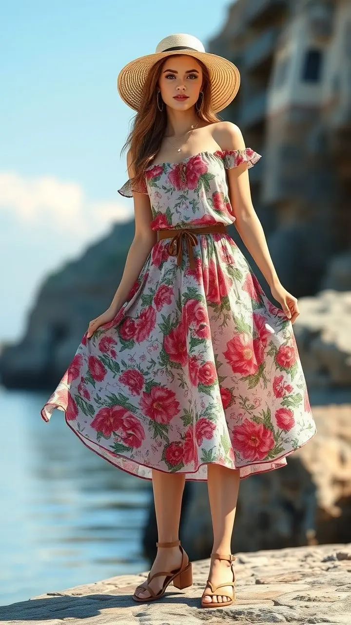 Mid-length floral skirt for summer.