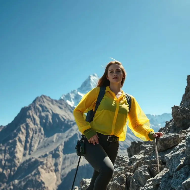 Female climber in yellow shirt ascending rocky mountain.