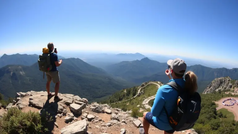 Couple on mountain summit enjoying the view.