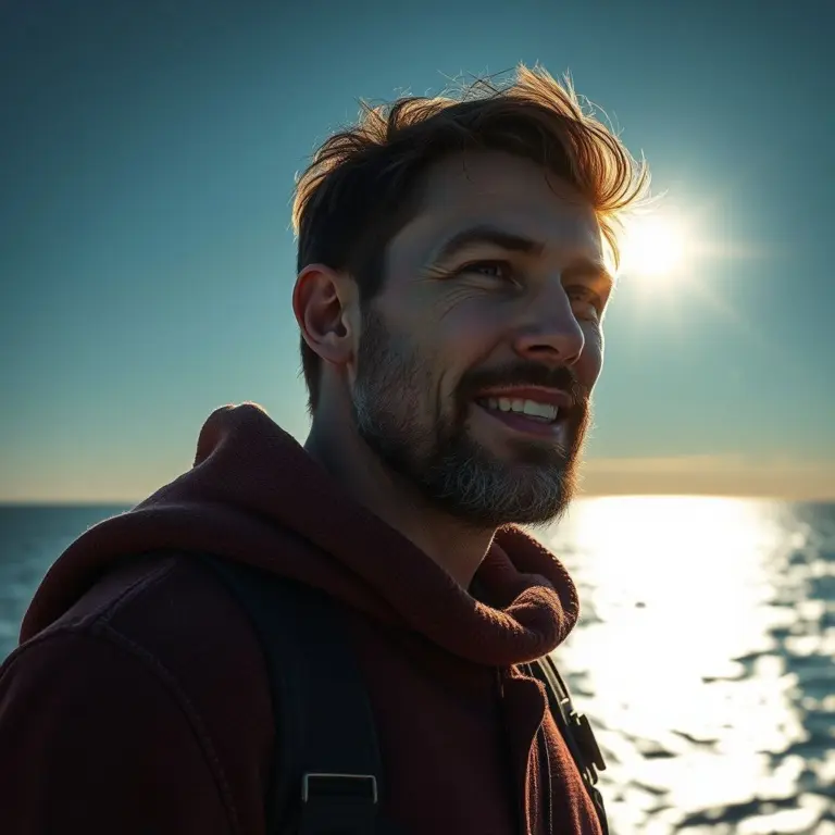 Person on mountain peak at sunrise, looking forward.