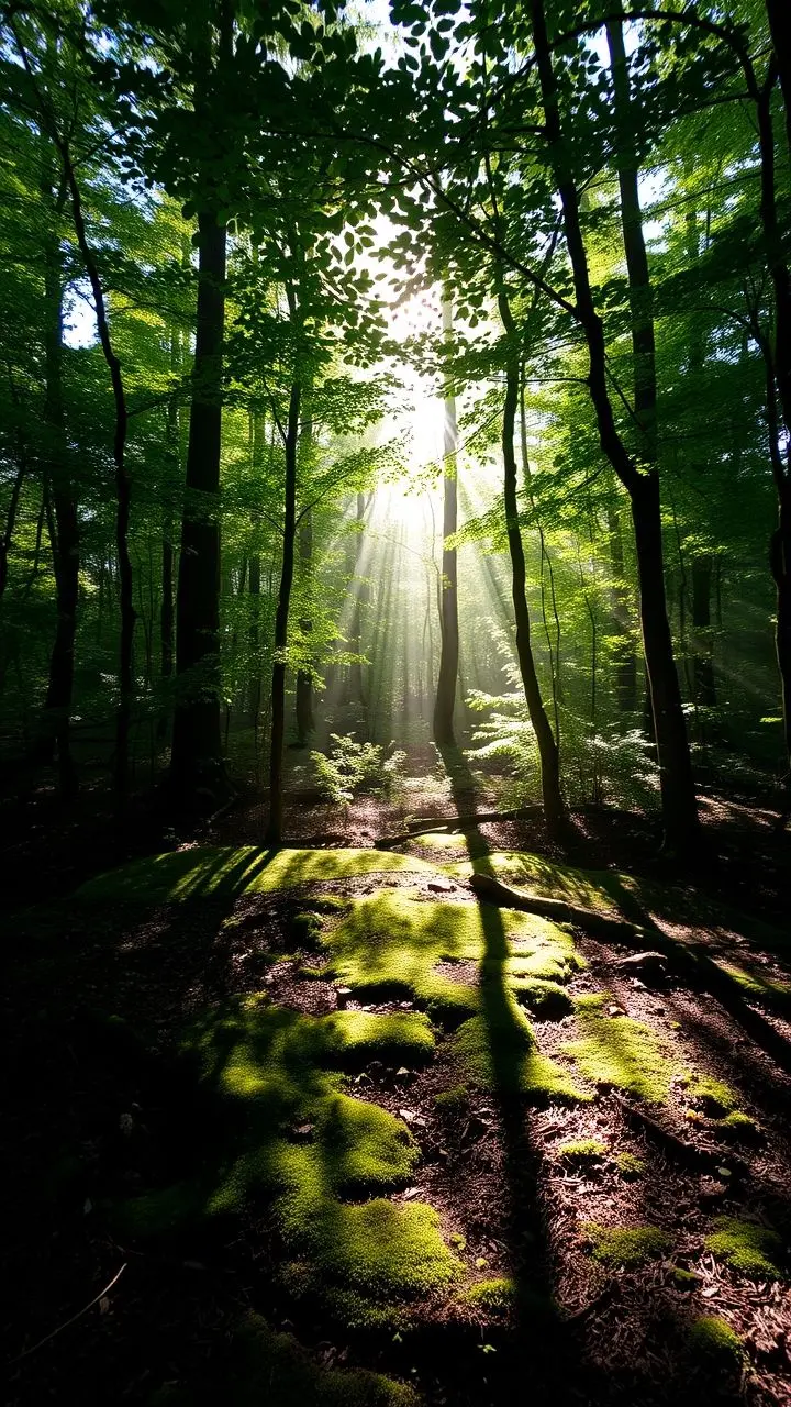 Forest floor with dappled sunlight and shadows.