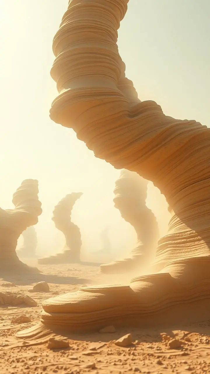 Hazy summer landscape with dust, warm sunlight, and shimmering waves.