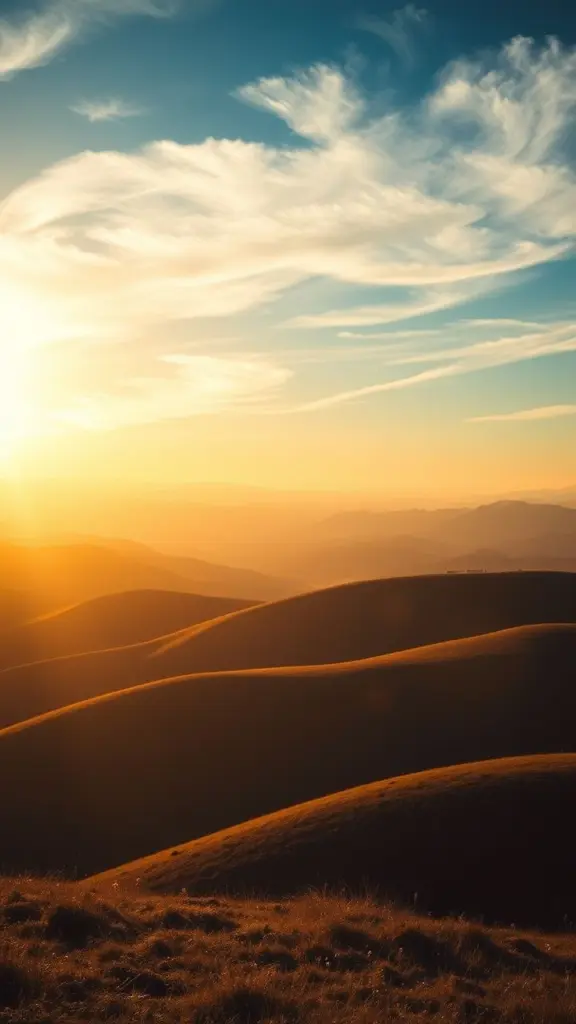 Rolling hills under a cloudy sky with sunlight casting shadows.