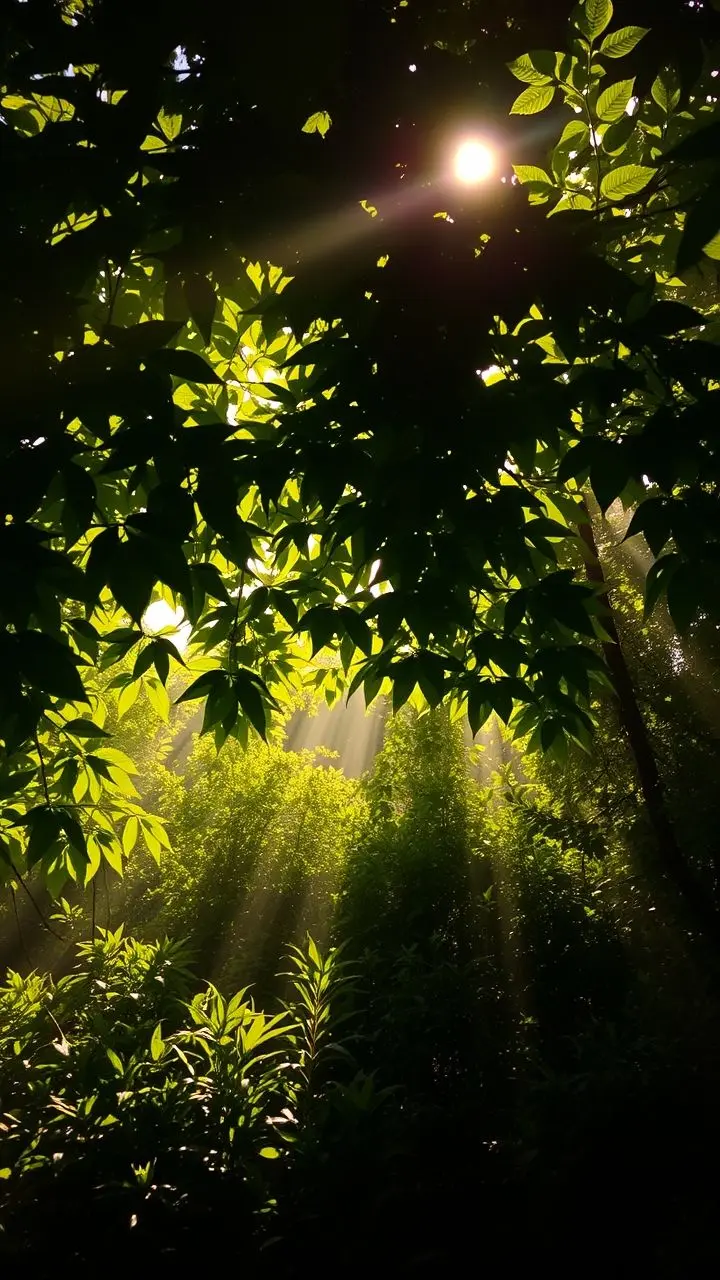 Dappled sunlight on green leaves.
