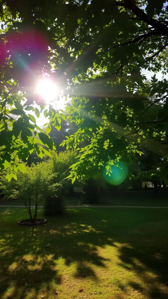 Sunlight filtering through forest leaves.