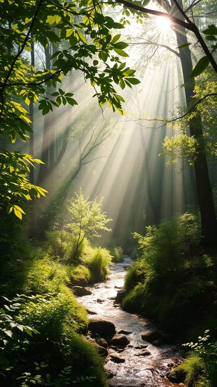 Sunlit forest glade with a brook and light filtering through trees.