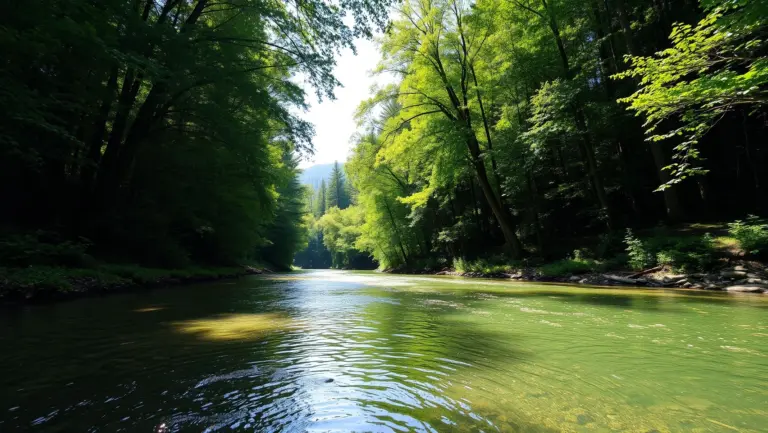 A sunlit forest valley with a clear stream flowing through lush greenery.