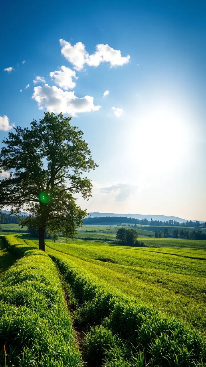 Vivid landscape with sunlit fields and shaded areas, showing balanced contrast.