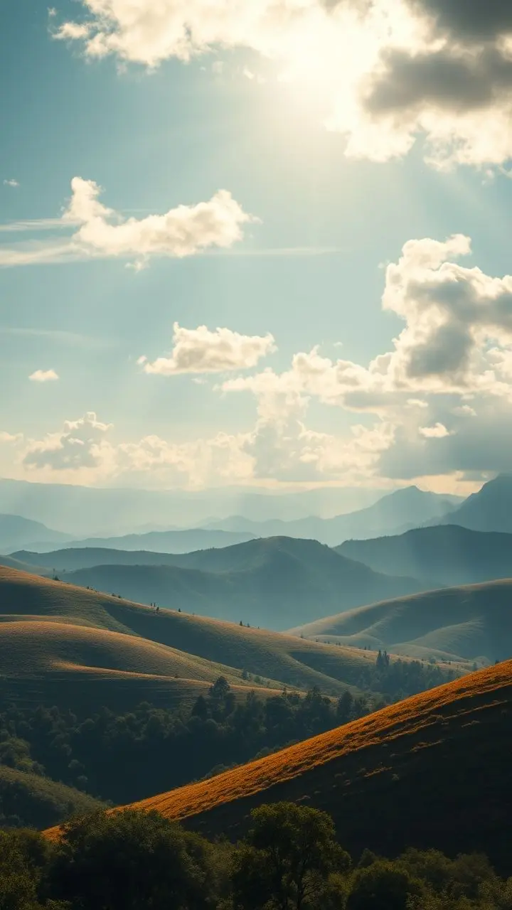 Sunlight filtering through clouds onto rolling hills.