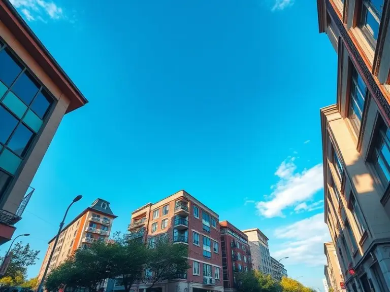 Daytime city street photo with blue sky and buildings.