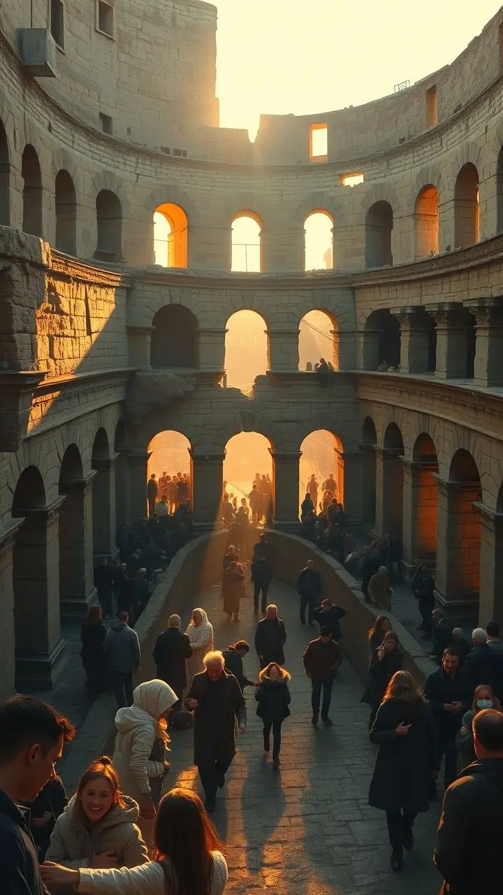 Oil painting of Colosseum interior with crowds crawling through windows at sunrise.