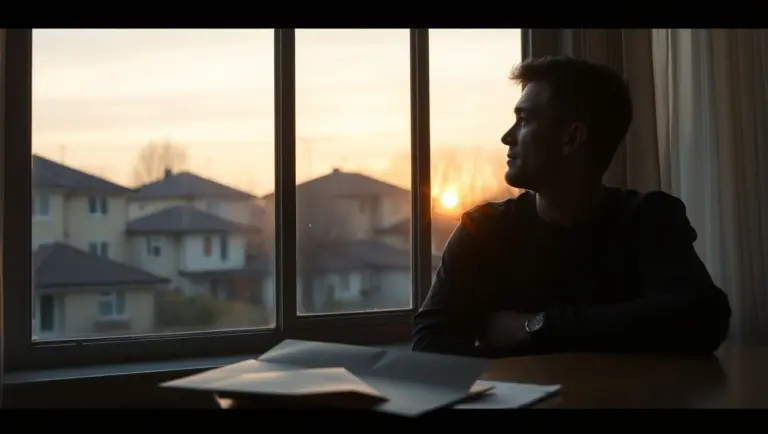 Man looking at sunrise, burned envelope on table.