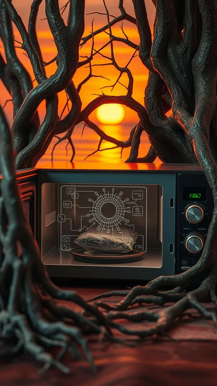 Microwave with meal package under a sunrise, surrounded by roots and brutalist architecture.