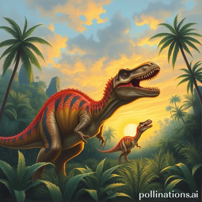 Spinosaurus roaring in a jungle at sunrise, oil art style.