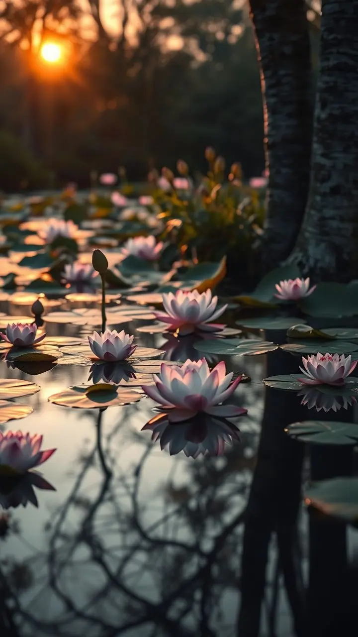 Serene pond at sunrise with glowing lotus flowers and textured trees.