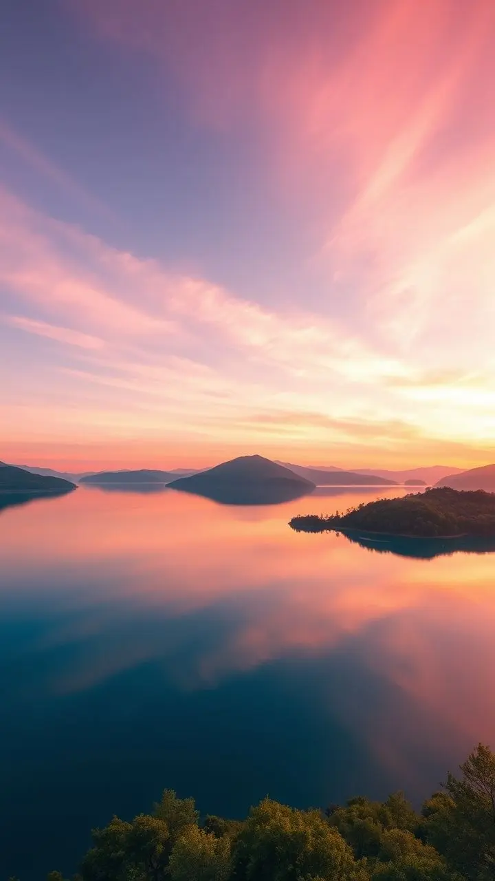 Sunrise landscape with pastel sky, lake reflections, green foliage, and mountains.
